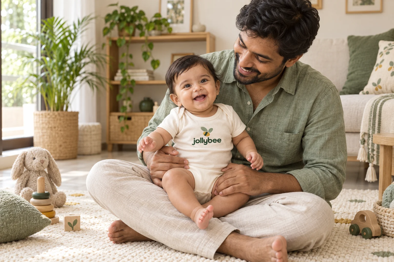 A father and baby enjoying a cuddle in a Jollybee bodysuit