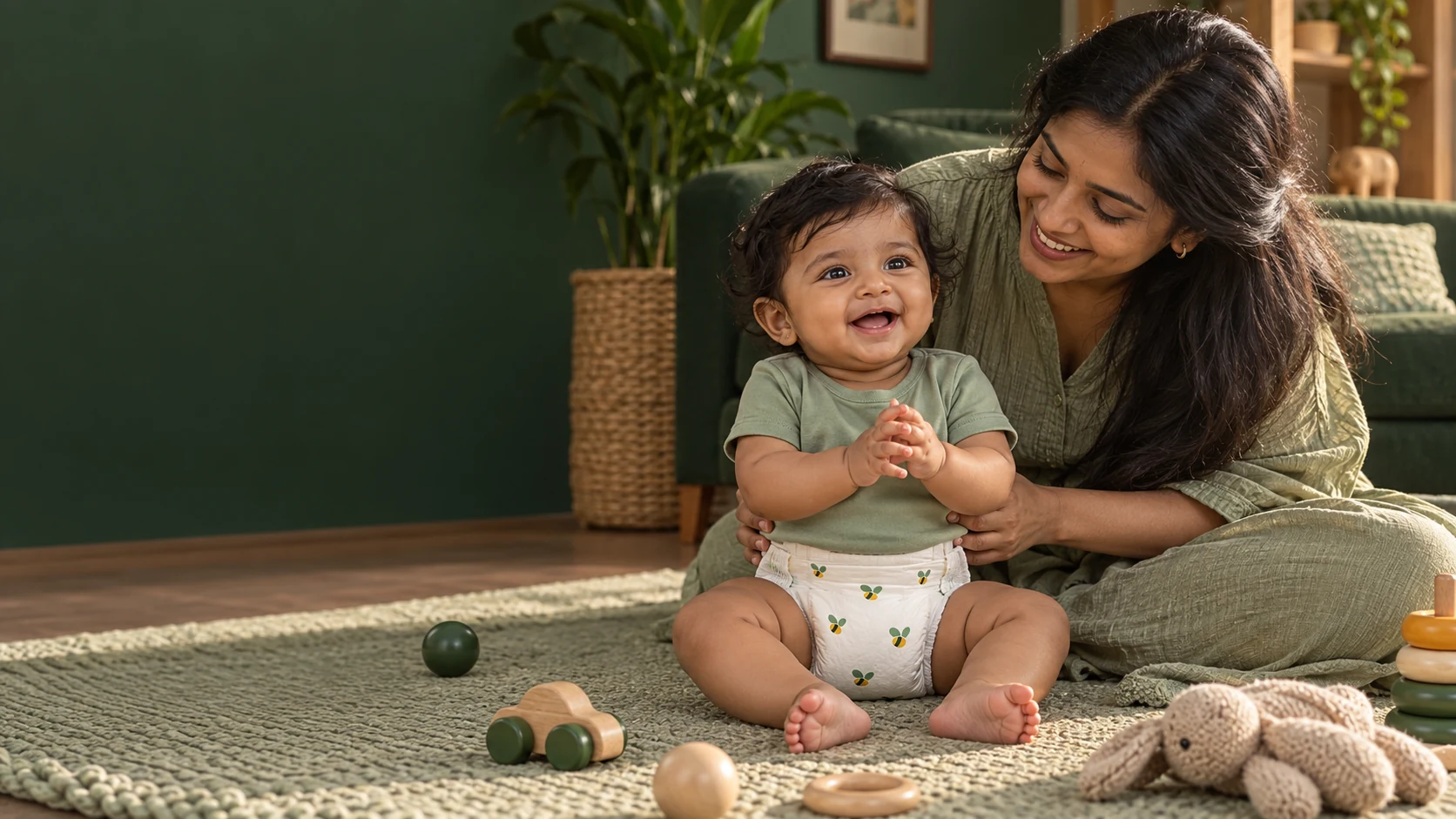 A baby wearing a bee-print Jollybee diaper