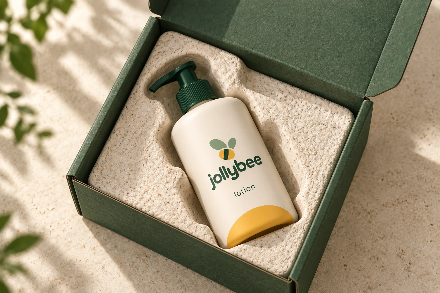 Jollybee products presented in moulded mycelium packaging